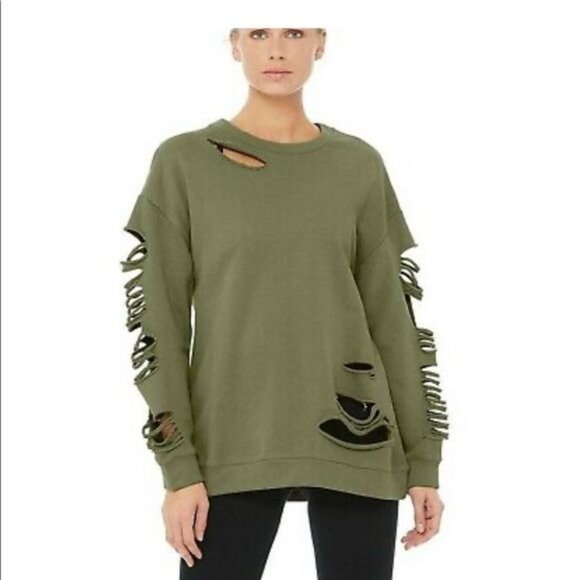 ALO Yoga Tops - ALO Yoga Fade Ripped Pullover Sweatshirt in Jungle Green Size S